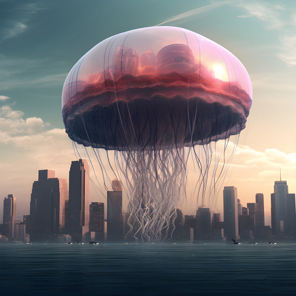 Vinyl Decal, Surreal Giant Jellyfish Over City Skyline at Sunset Artwork Print (5" x 7")