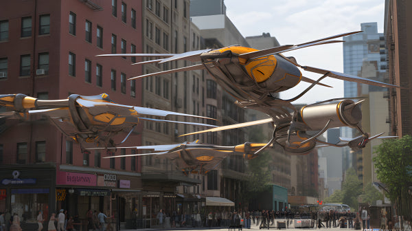 Vinyl Decal, Flying Vehicles Over City Street Art Print (5" x 7")