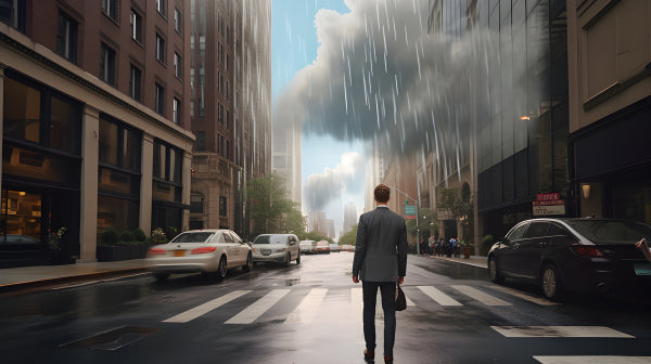 Vinyl Decal, Businessman Moment of Reflection on a Rainy City Street (5" x 7")