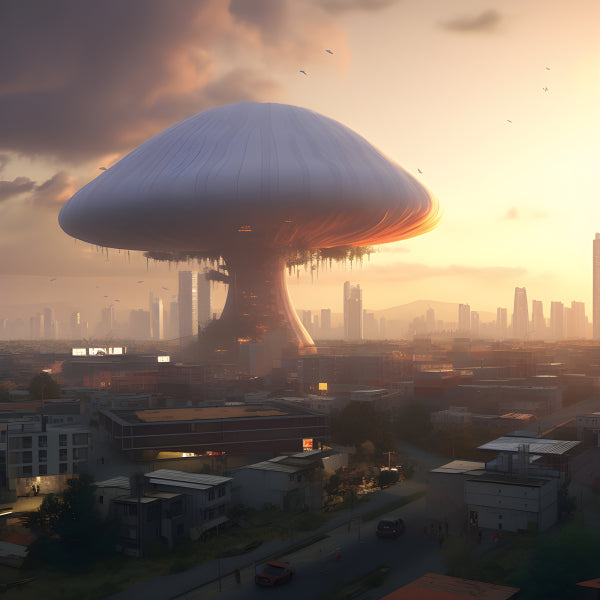 Vinyl Decal, Ethereal Mushroom Skyscraper Dominates Futuristic Urban Portrait at Sunset (5" x 7")