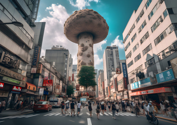 Vinyl Decal, Surreal Giant Mushroom in City Street Art Print (5" x 7")