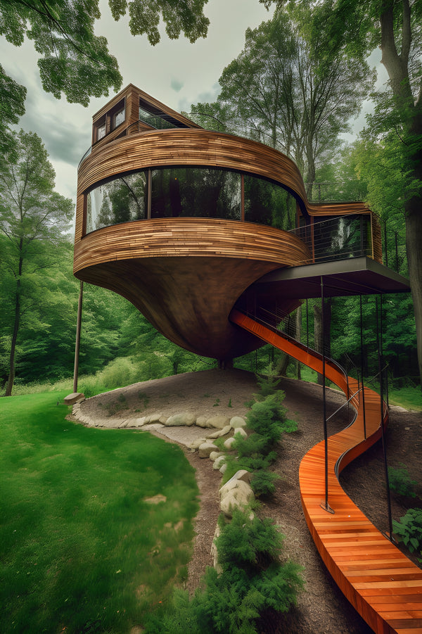 Vinyl Decal, Modern Wooden Round Treehouse Forest Retreat Unique Architectural Design (5" x 7")