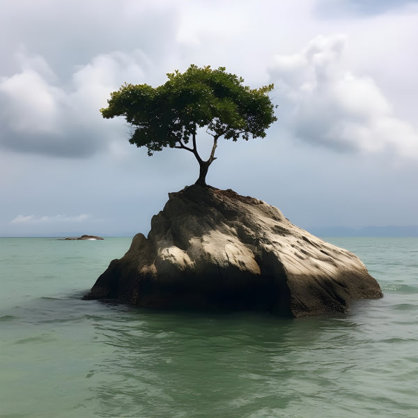 Vinyl Decal, Unique Lone Tree on Rock Island in Ocean Water Scenery Photo Print (5" x 7")