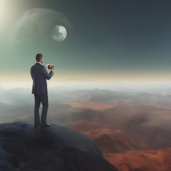 Vinyl Decal, Man in Suit on Cliff Edge Gazing at Alien Planet Portrait (5" x 7")