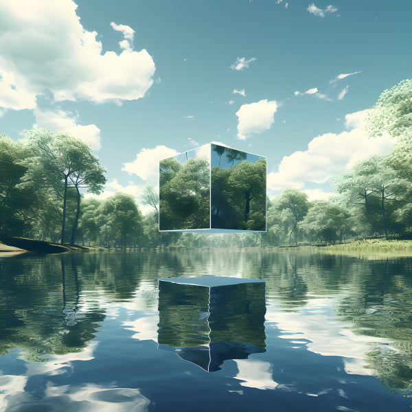 Vinyl Decal, Surreal Glass Cube Floating Above Reflective Lake (5" x 7")