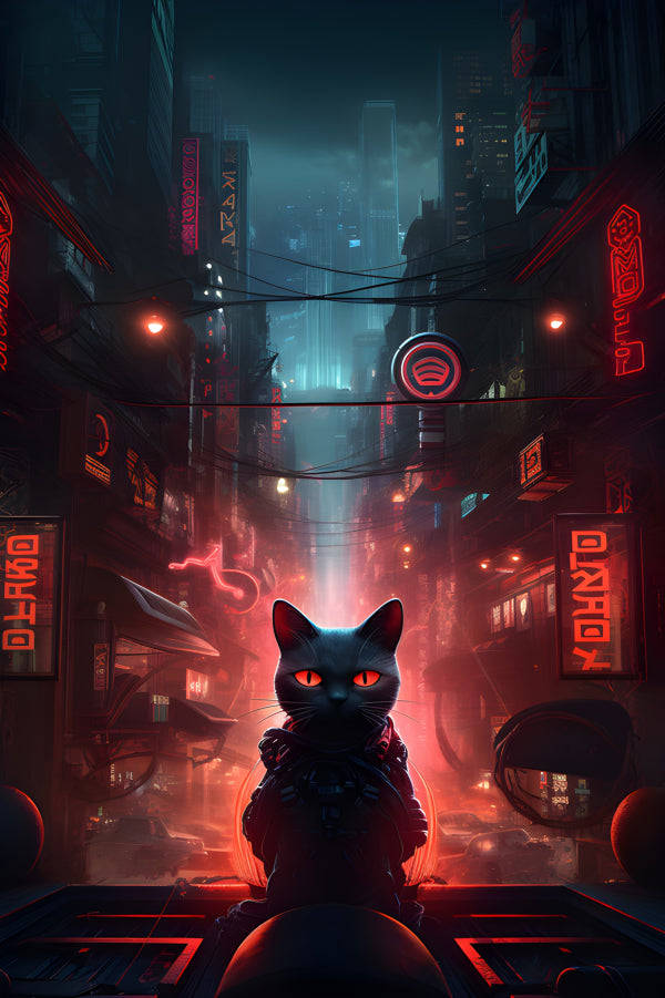 Vinyl Decal, Neon Cyberpunk Black Cat Art Print (5" x 7")
