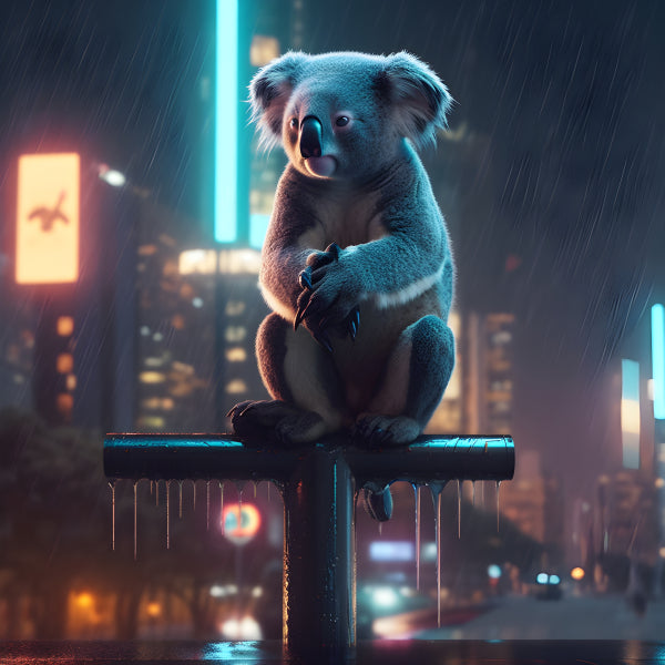 Vinyl Decal, Koala in a Rainy Neon City Night (5" x 7")