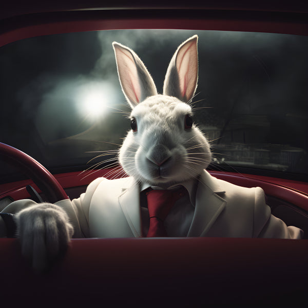 Vinyl Decal, Stylish White Rabbit in White Suit and Red Tie Driving a Vintage Red Car at Night (5" x