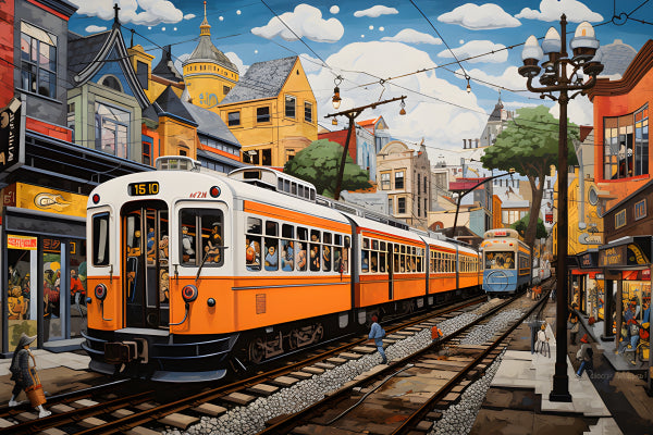Vinyl Decal, Colorful Trolley in Bustling Downtown Scene (5" x 7")