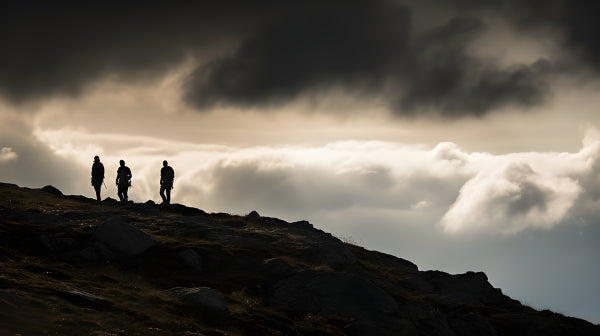 Vinyl Decal, Three Hikers Silhouetted on Mountain Ridge Dramatic Cloudy Sky Portrait Photo Print (5"