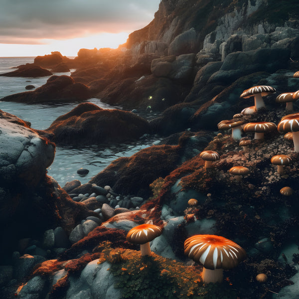 Vinyl Decal, Enchanting Sunset Over Rocky Coastline Featuring Luminous Fantasy Mushrooms (5" x 7")