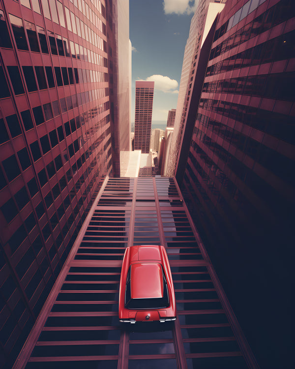 Vinyl Decal, Striking Red Sports Car Driving Uphill Between Towering City Skyscrapers Premium Canvas