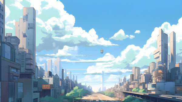 Vinyl Decal, Anime Cityscape Background Illustration with Blue Sky and Fluffy Clouds (5" x 7")