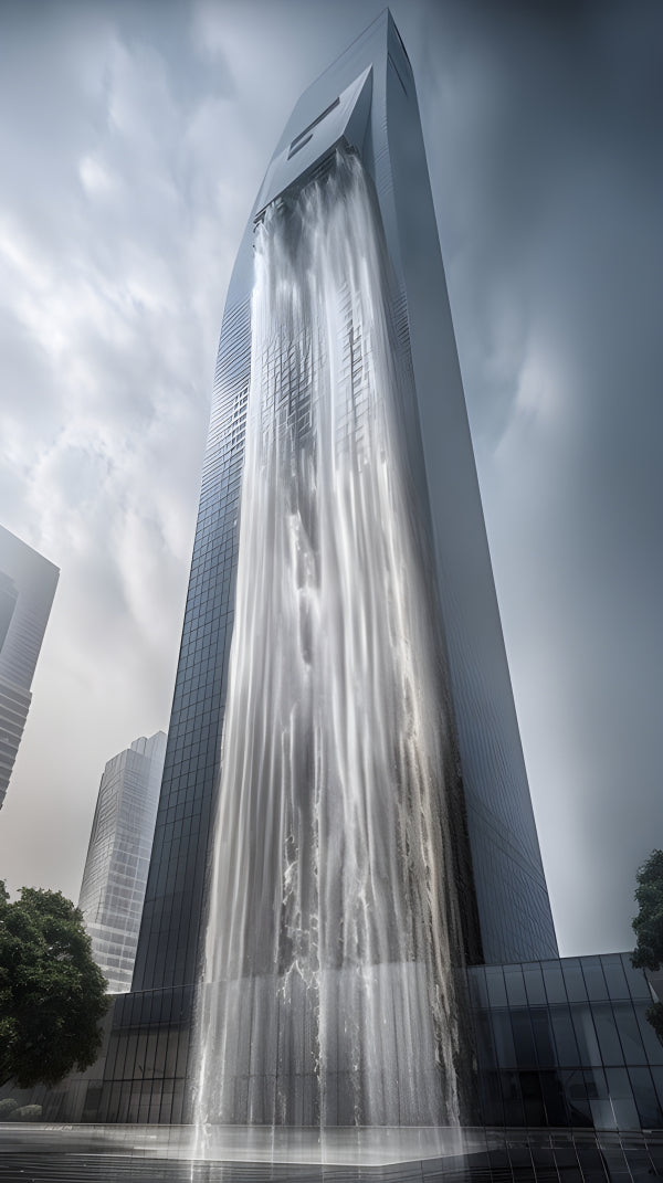 Vinyl Decal, Building with Integrated Artificial Waterfall, Modern Skyscraper Architecture (5" x 7")