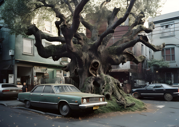 Vinyl Decal, Moreton Bay Fig Tree Dominates Urban Street with Vintage Green Car Parked Nearby (5" x 