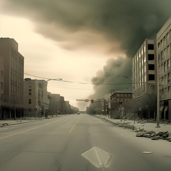 Vinyl Decal, Apocalyptic Urban Portrait After Major Disaster: Smoke Billows Over Empty City Street (