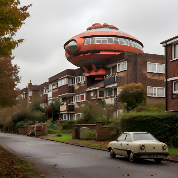 Vinyl Decal, Unique Modern Architecture Building with Red Flying Saucer Structure on Roof (5" x 7")
