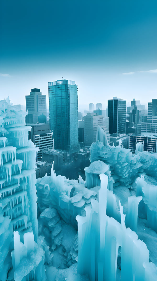 Vinyl Decal, Completely Frozen Cityscape Featuring Towering Ice Formations and Buildings Under a Col
