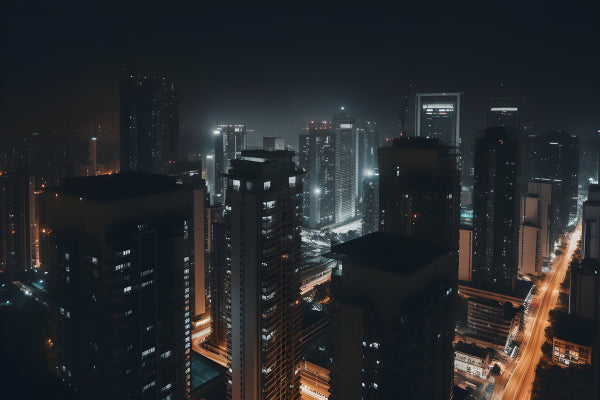 Vinyl Decal, Modern City Skyline View at Night, Illuminated Urban Skyscrapers Wall Art Print (5" x 7