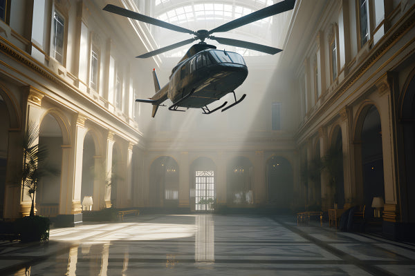 Vinyl Decal, Dramatic scene of a military helicopter hovering inside a grand (5" x 7")