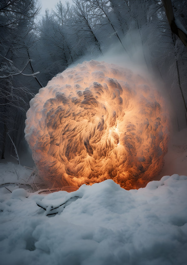 Vinyl Decal, Large Glowing Fireball Snow Sculpture in Winter Forest (5" x 7")