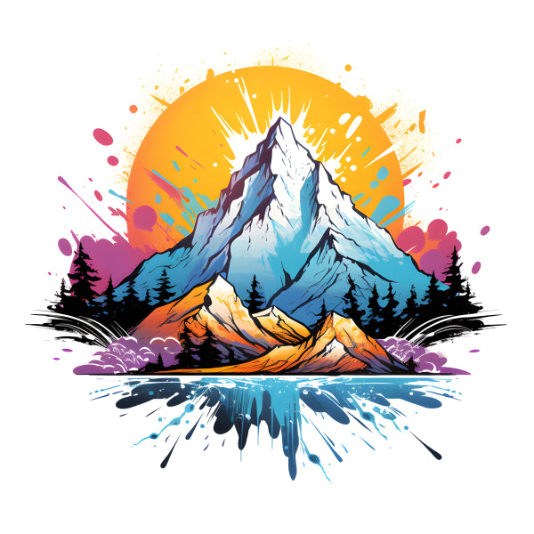 Vinyl Decal, Vibrant Pop Art Mountain Portrait Illustration with Sunset Forest Trees & Water Splash 