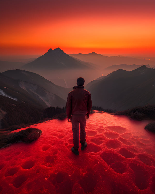 Vinyl Decal, Solitary Figure Overlooking Vibrant Red Portrait and Mountain Peaks (5" x 7")