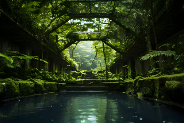 Vinyl Decal, Lush Tropical Indoor Garden Sanctuary with Ferns and Mossy Water Pool (5" x 7")