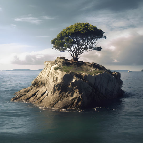 Vinyl Decal, Lone Tree on Rocky Island in Vast Ocean (5" x 7")