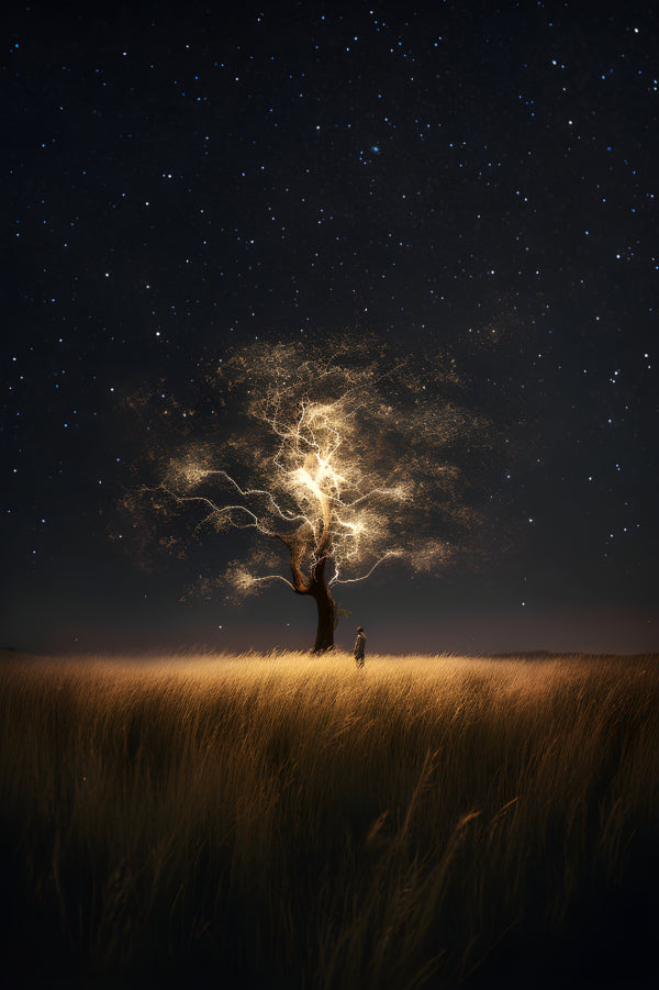 Vinyl Decal, Magical Starry Night Glowing Tree Wall Art Print (5" x 7")