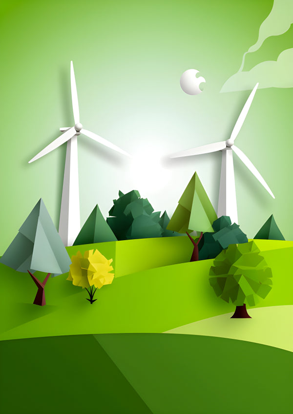 Vinyl Decal, Eco Green City Environment Concept with Wind Turbines and Trees (5" x 7")
