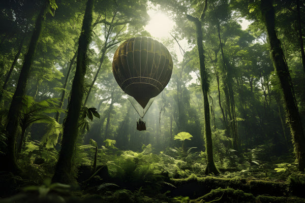 Vinyl Decal, Hot Air Balloon Adventure in Lush Green Forest (5" x 7")