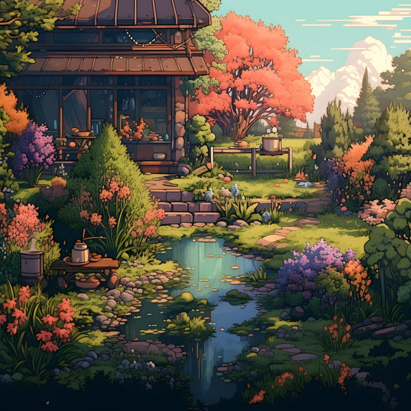 Vinyl Decal, Anime Style Garden Home Illustration with Lush Flora (5" x 7")