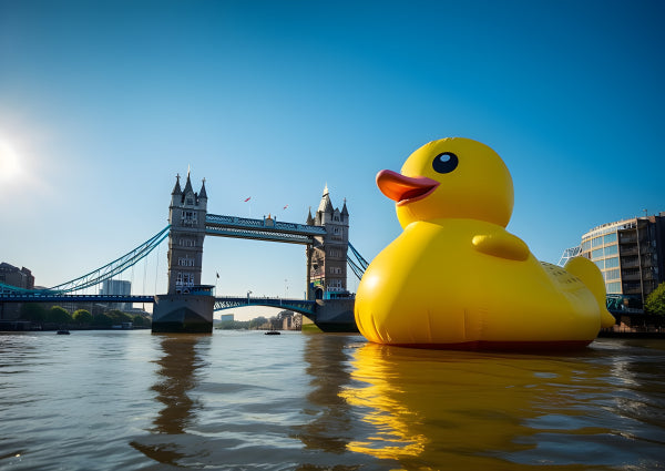 Vinyl Decal, Giant Inflatable Yellow Rubber Duck Floating in Water with Tower Bridge London in Backg