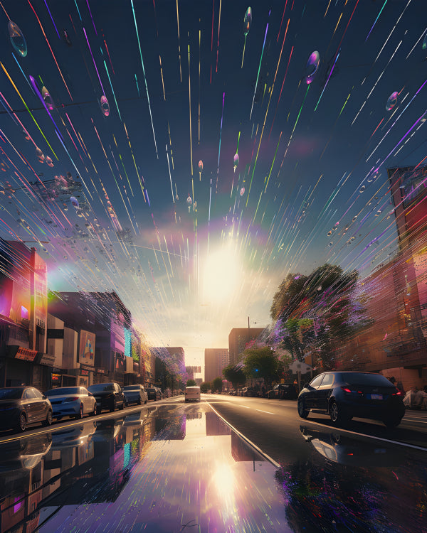 Vinyl Decal, Vibrant City Street Scene with Colorful Light Trails and Sunset View (5" x 7")