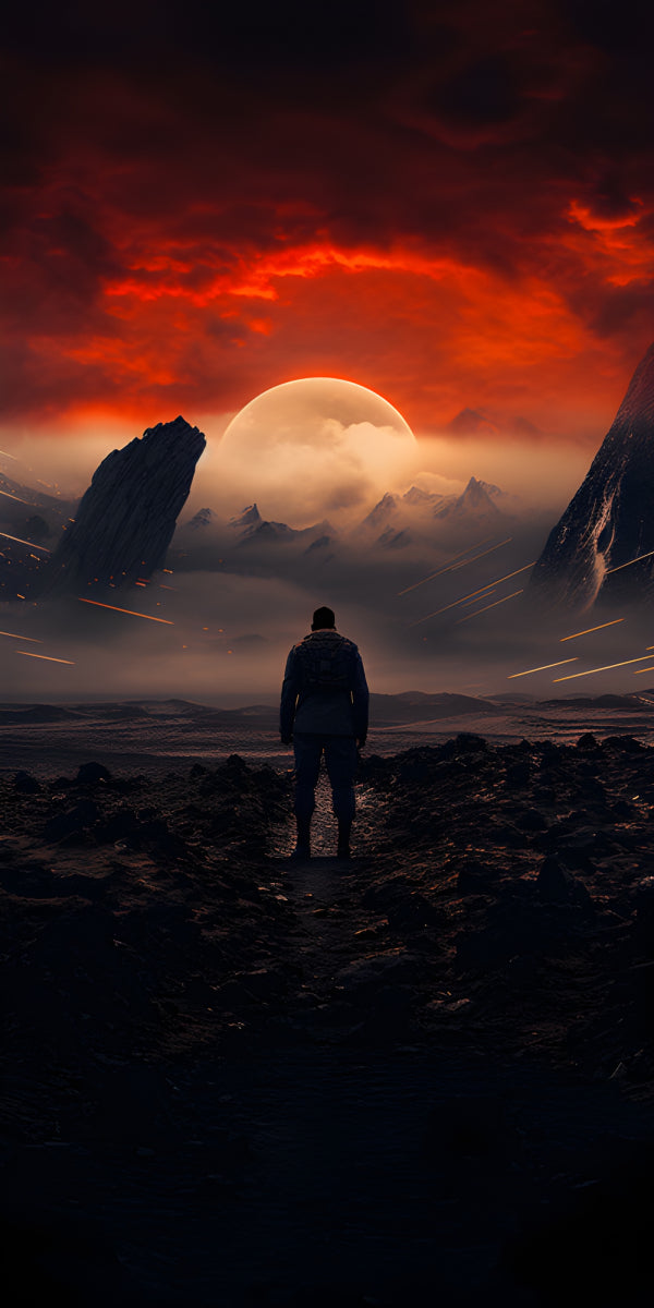 Vinyl Decal, Portrait Wallpaper Featuring Solitary Figure Under Red Sky and Large Celestial Body (5"