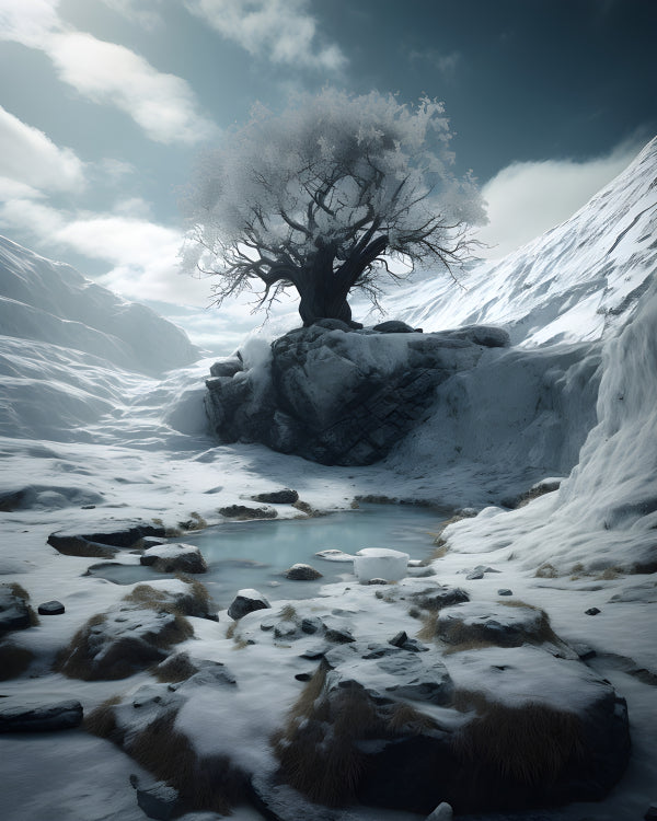 Vinyl Decal, Serene Snowy Mountain Portrait with Solitary Tree and Partially Frozen Stream (5" x 7")