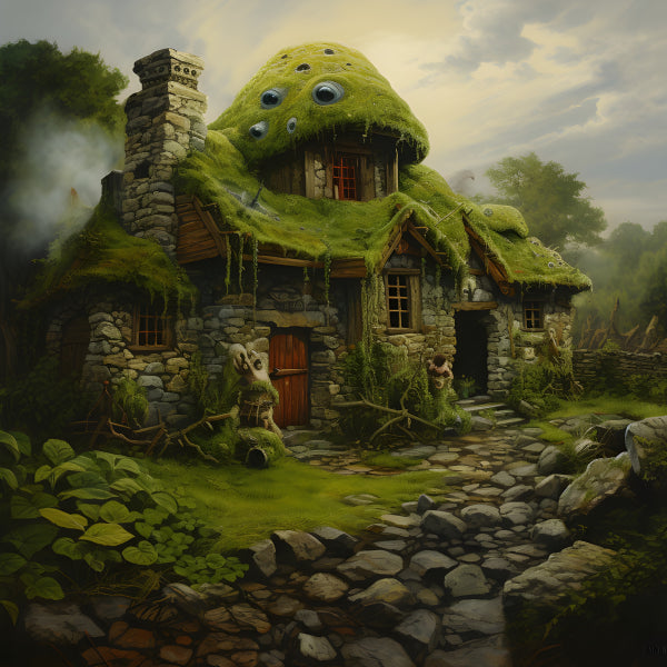 Vinyl Decal, Mystical Moss-Covered Forest Cottage (5" x 7")