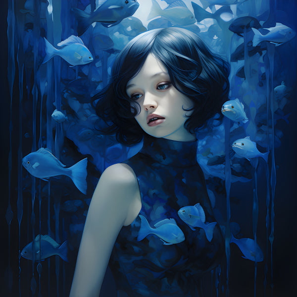 Vinyl Decal, Dreamlike Woman in Blue Water Surrounded by Fish Artistic Portrait Print (5" x 7")