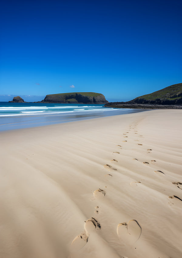 Vinyl Decal, Remote Sandy Beach with Footprints, Blue Ocean Waves, and Grassy Islands Portrait (5" x
