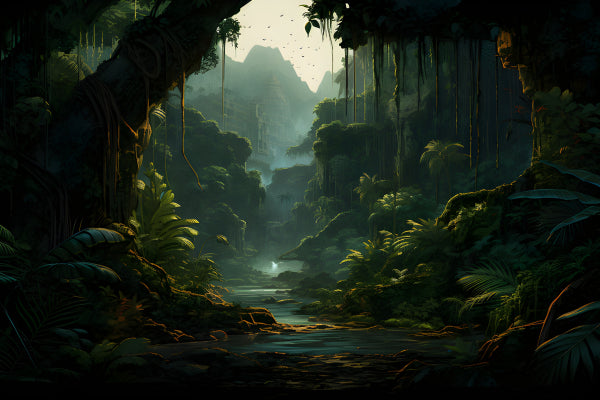 Vinyl Decal, Lush Tropical Rainforest Portrait with Misty Mountains and Flowing River (5" x 7")