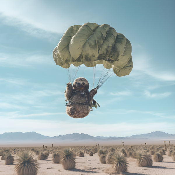 Vinyl Decal, Adventure Sloth Parachuting in Desert Portrait Wall Art Print (5" x 7")