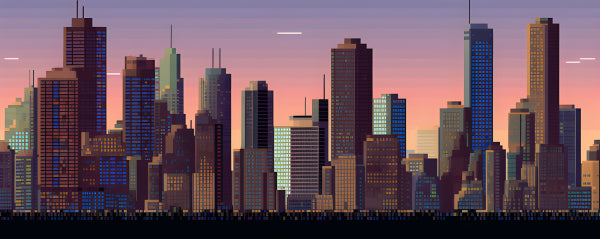 Vinyl Decal, Modern Pixel Art Cityscape Print (5" x 7")