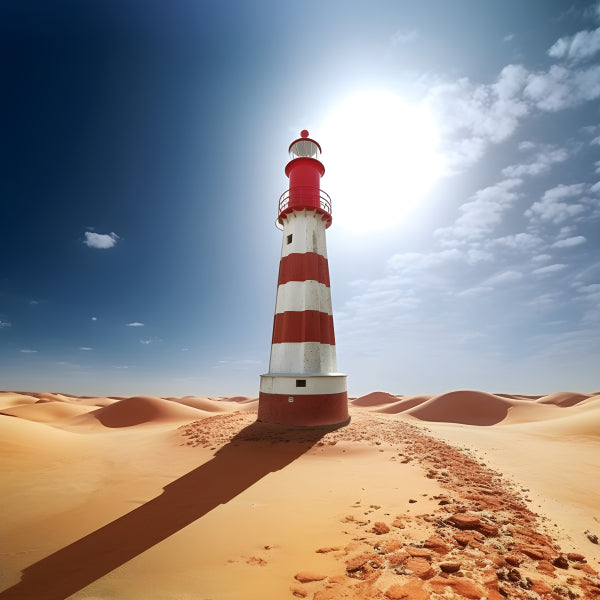 Vinyl Decal, Stunning Red and White Striped Lighthouse Standing Tall in Vast Desert Portrait with Br