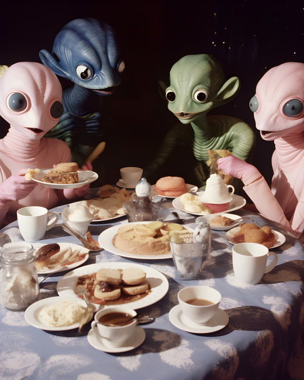 Vinyl Decal, Whimsical Alien Tea Party Figurines Set (5" x 7")