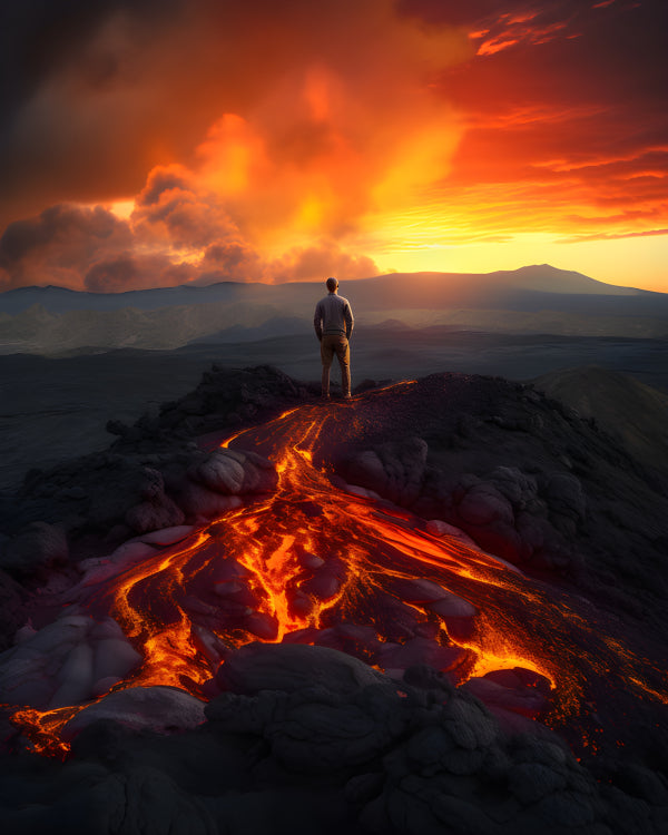 Vinyl Decal, Dramatic Sunset Volcanic Portrait with Fiery Lava Flows and Towering Mountains (5" x 7"