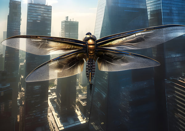 Vinyl Decal, Metallic Dragonfly Flying Through Modern City Skyscrapers (5" x 7")