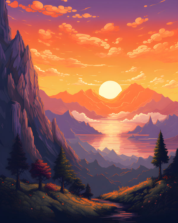 Vinyl Decal, Vibrant Sunset Over Mountains Portrait Artwork Print (5" x 7")