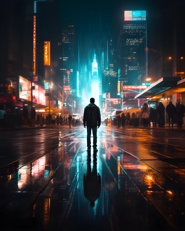 Vinyl Decal, Cyberpunk Cityscape Night View with Solo Figure in Rain, Neon Lights Reflection, Moody 