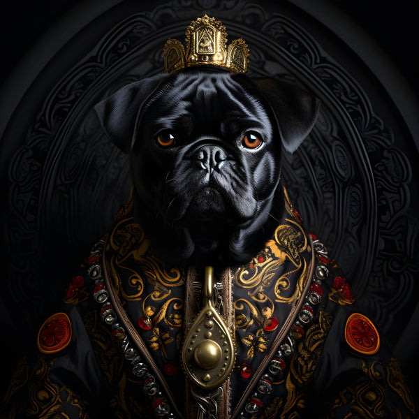 Vinyl Decal Regal Black Pug Dog King in Ornate Royal Robes and Golden Crown - Majestic Pet Portrait 